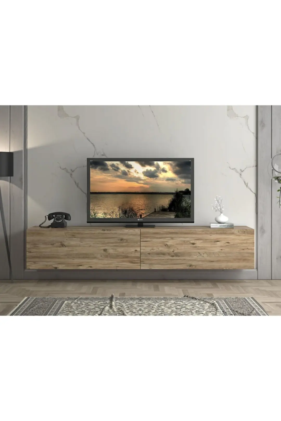 Vega Premium 200 Cm Geniş Dolaplı Metal Ayaklı Tv Ünitesi - Atlantik Çam / Siyah